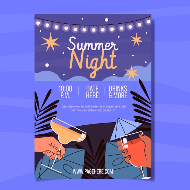 Flat Summer Night Party Poster Template with Hands Holding Cocktails – Free Download