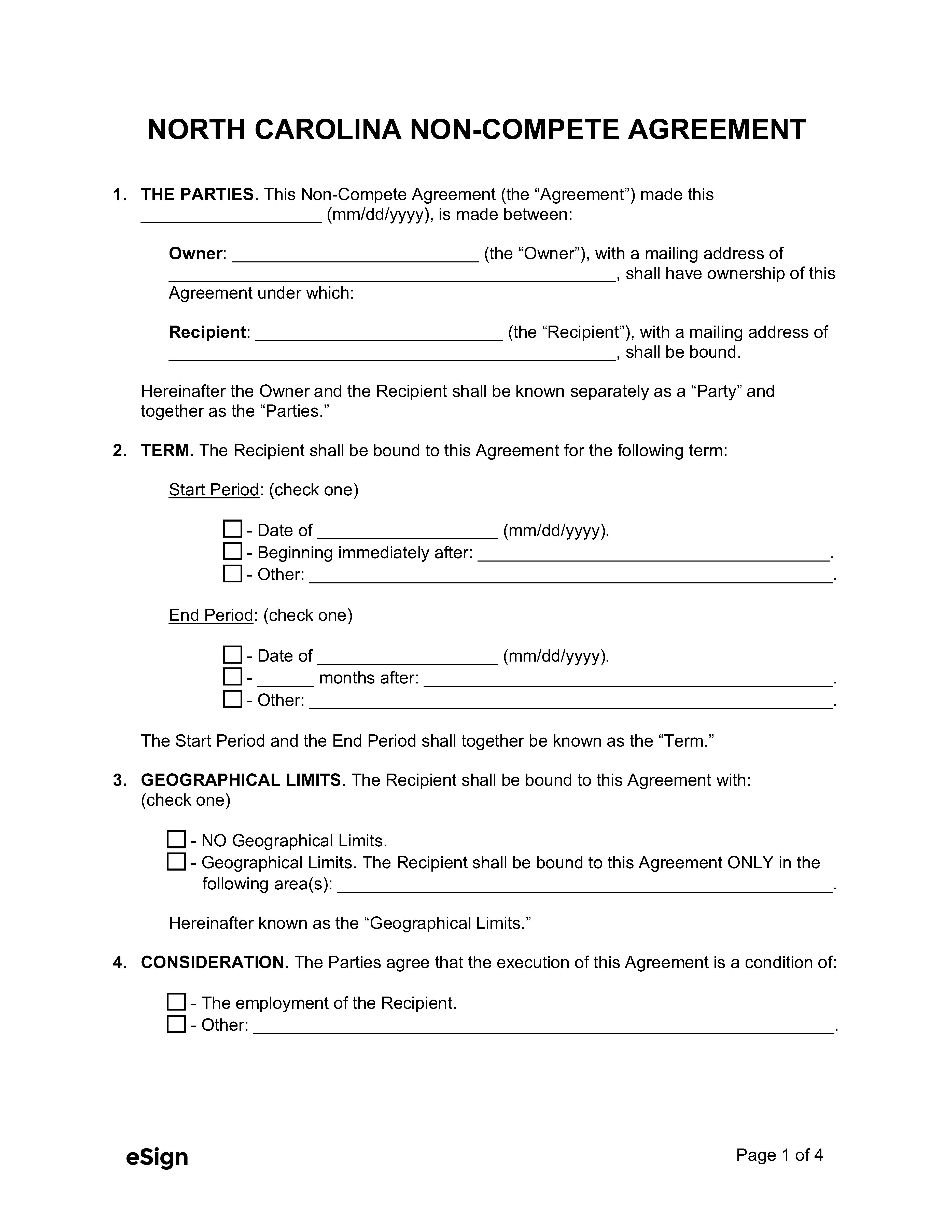 Free North Carolina NonCompete Agreement Template PDF Word