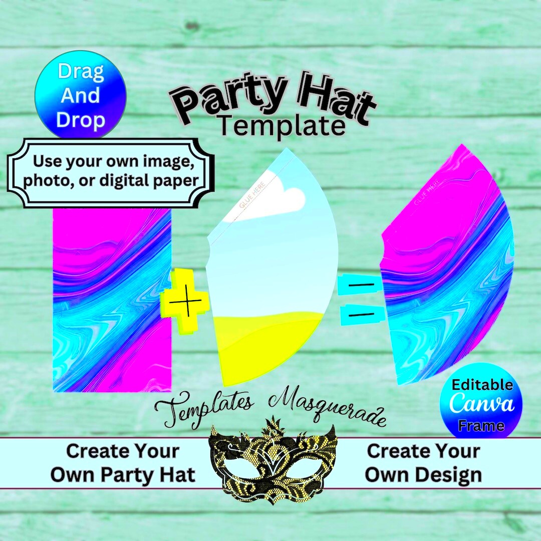 Party Hat Template Editable Canva Frame Drag and Drop Digital 