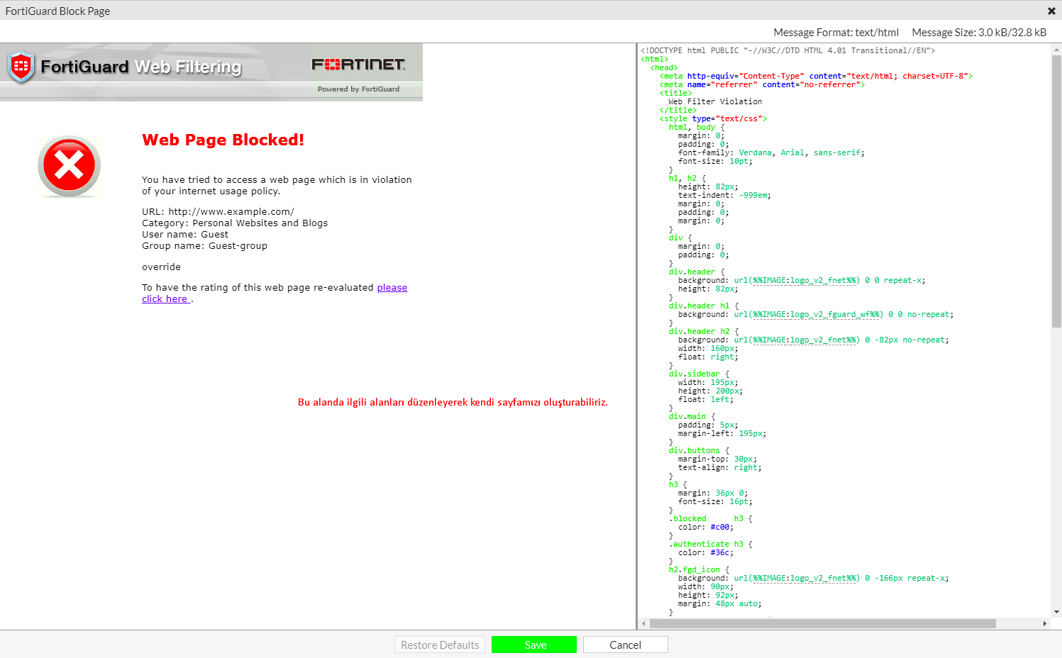 FortiGuard Block Page rnei Firewall Destek Merkezi