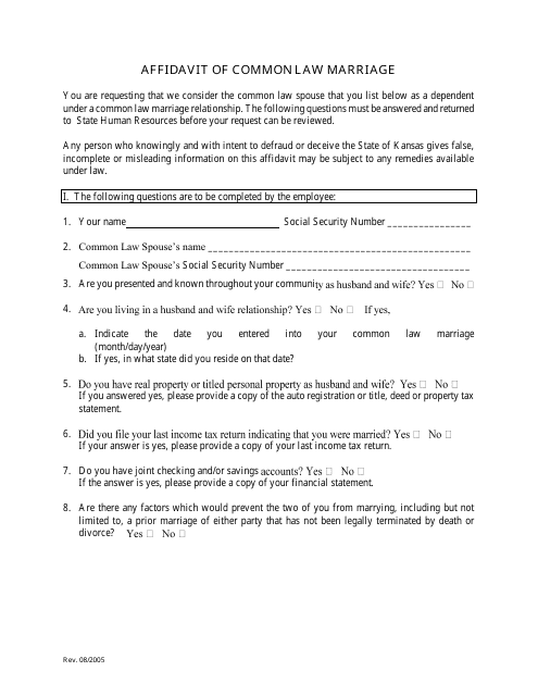 Kansas Affidavit of Common Law Marriage Fill Out Sign Online and 