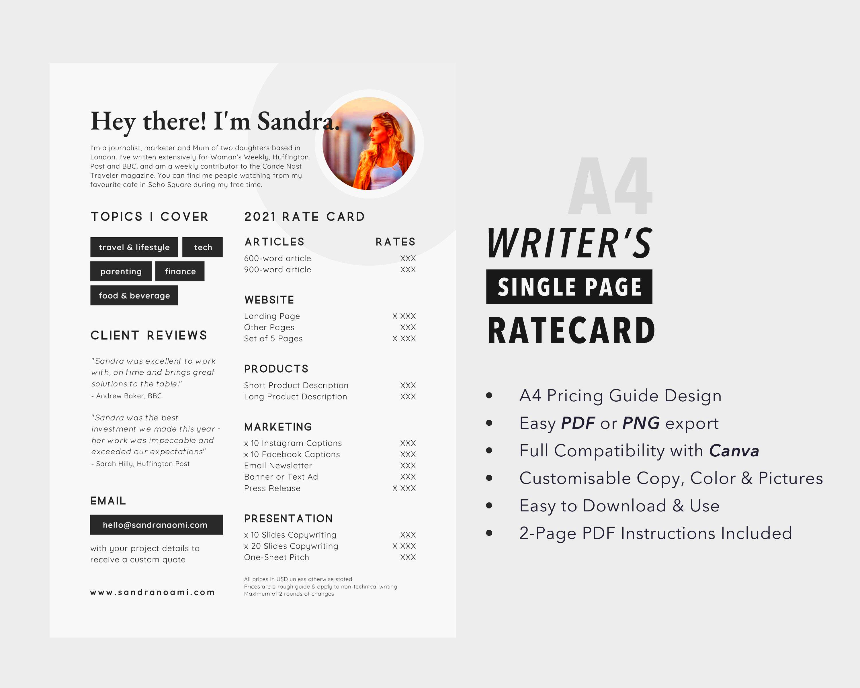 Writers Single Page Rate Card Template Editable in Canva Price List 