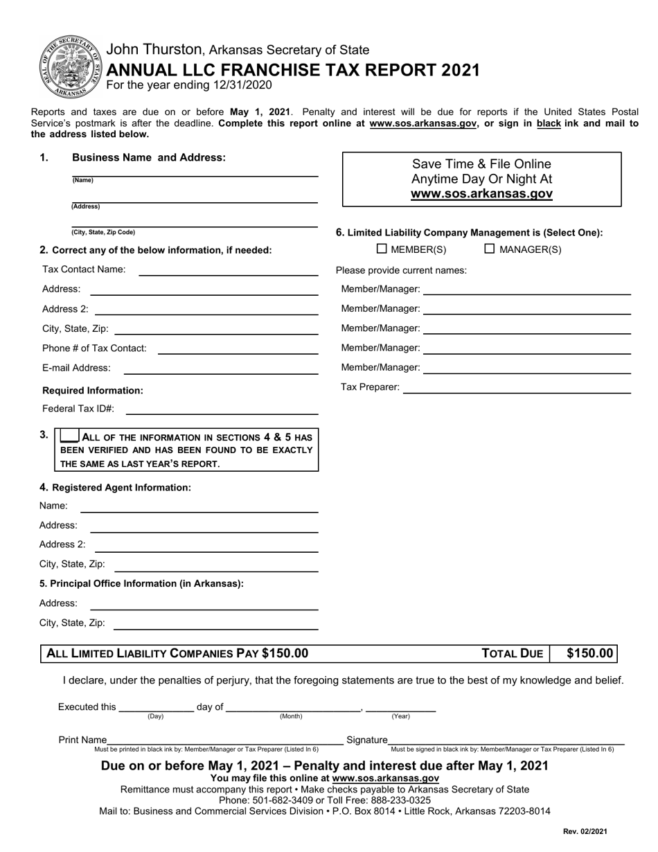 2021 Arkansas Annual LLC Franchise Tax Report Download Fillable PDF 