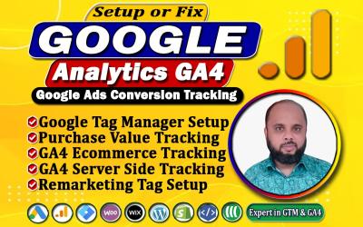 I Will Setup GA4 Google Ads Conversion, Ecommerce Tracking, and GA4 Server Side Tracking