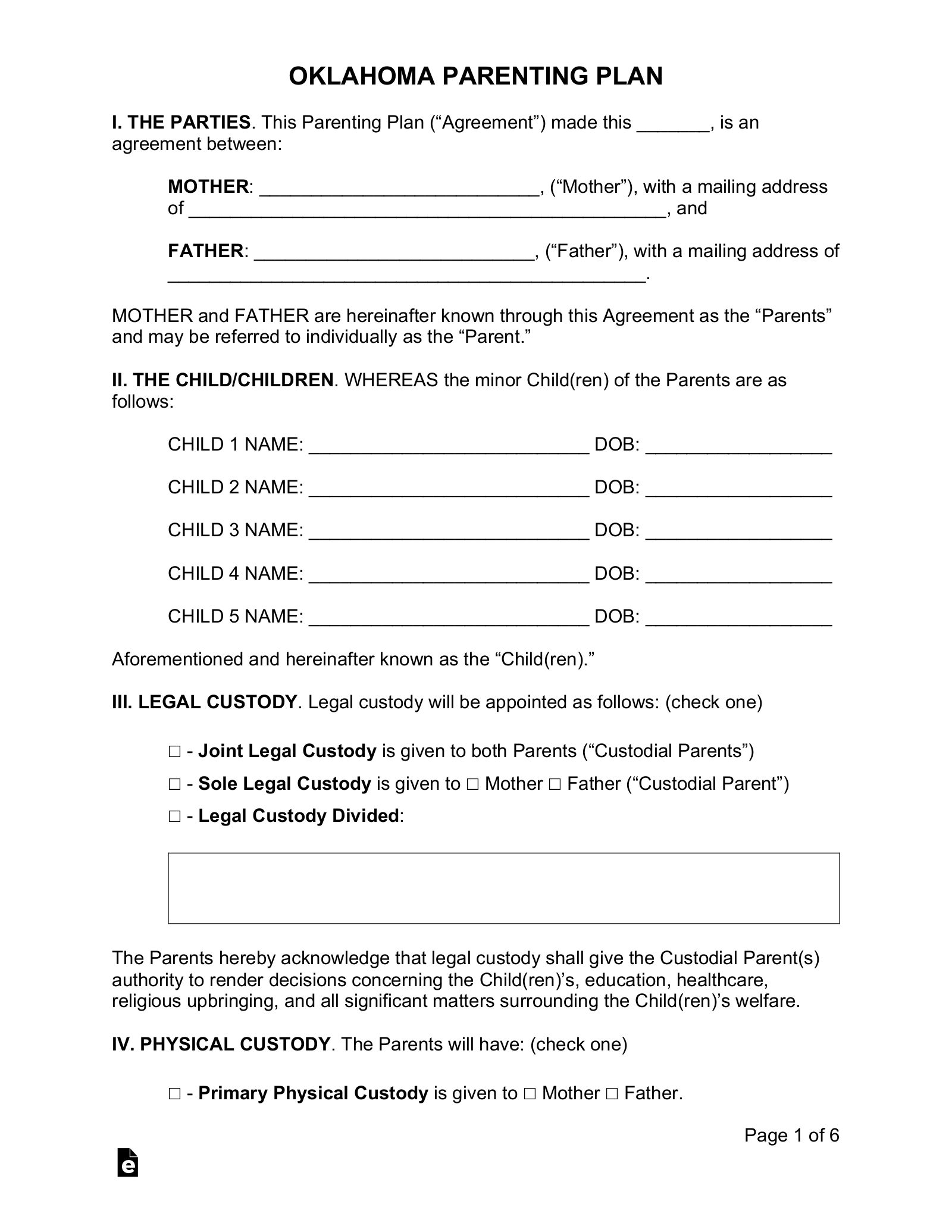 Free Oklahoma Custody Parenting Plan Agreement PDF Word eForms