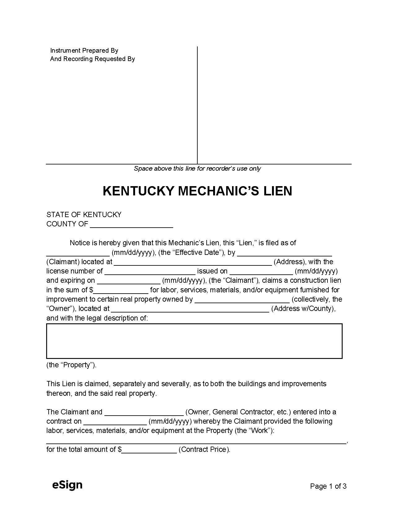 Free Kentucky Mechanics Lien Form PDF Word