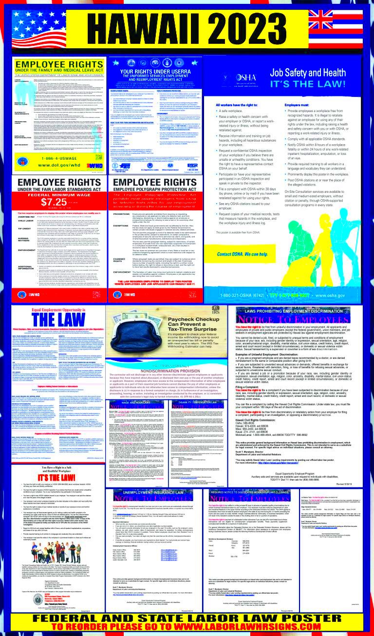 2023 Hawaii Labor Law Posters State Federal OSHA LABORLAWHRSIGNS