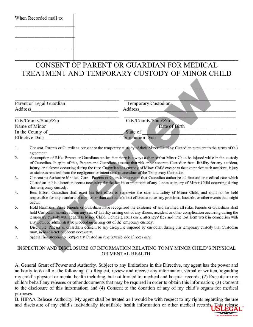 Arizona Consent of Parent or Guardian for Medical Treatment and 