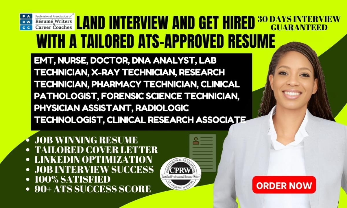 I Will Write a Lab Technician Resume, DNA Analyst, Pharmacy Technician, EMT ATS Resume