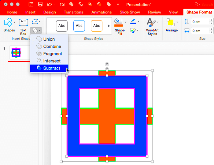 Shape Subtract Command in PowerPoint 2016 for Mac