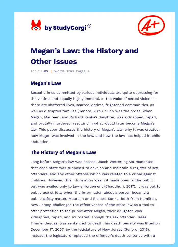 Megans Law the History and Other Issues Free Essay Example