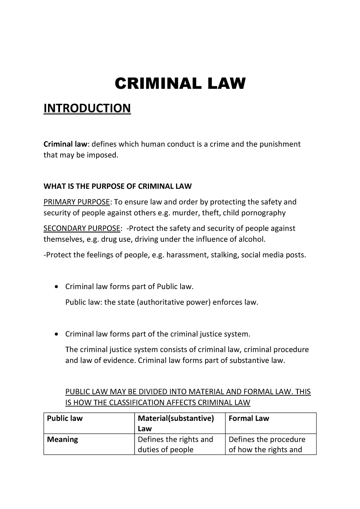 Criminal Law Study Notes CRIMINAL LAW INTRODUCTION Criminal law 