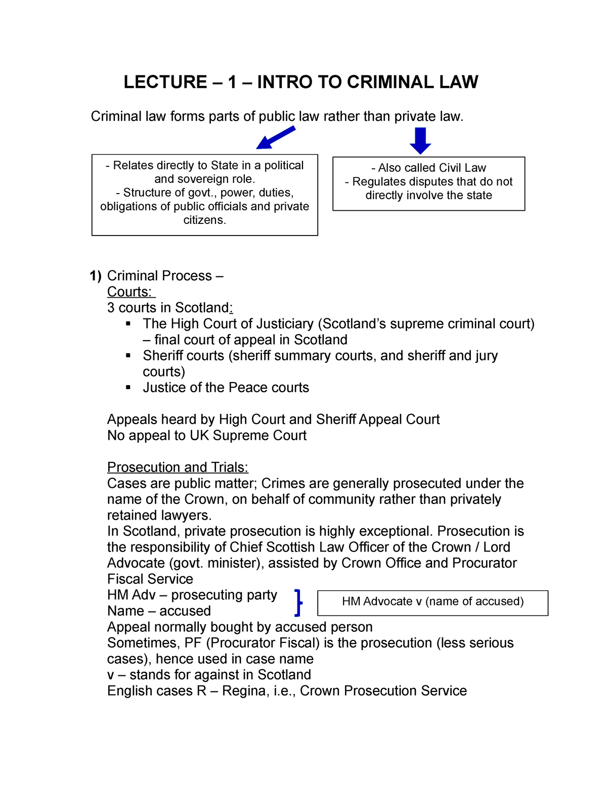 Criminal Law Notes from Week 1 11 LECTURE 1 INTRO TO CRIMINAL 