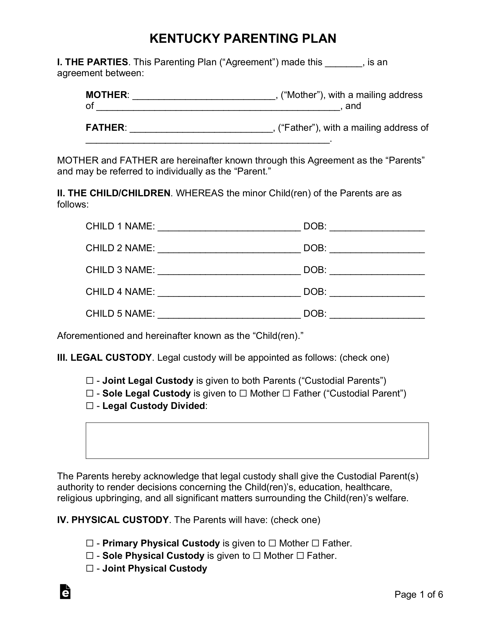 Free Kentucky Custody Parenting Plan Agreement PDF Word eForms