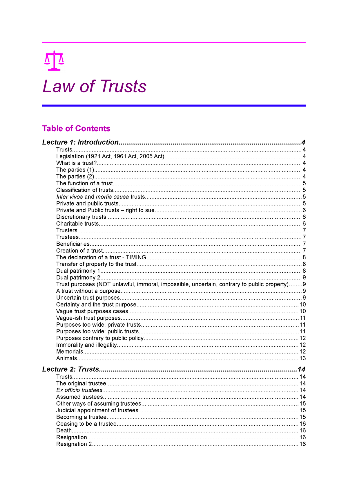 Notes Trusts Law of Trusts Lecture 1 Studocu