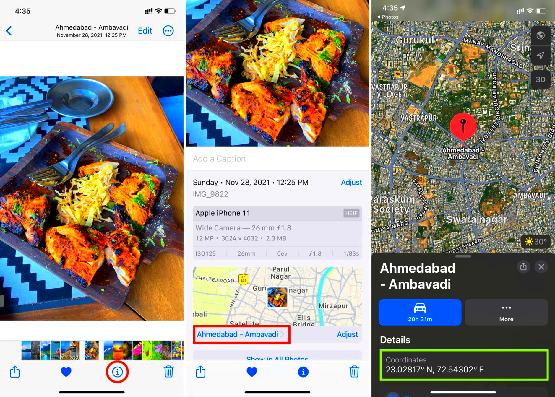 How to view the GPS coordinates for photos on iPhone