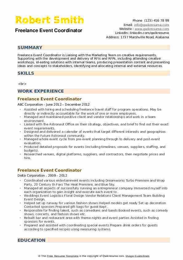 Freelance Event Coordinator Resume Samples QwikResume