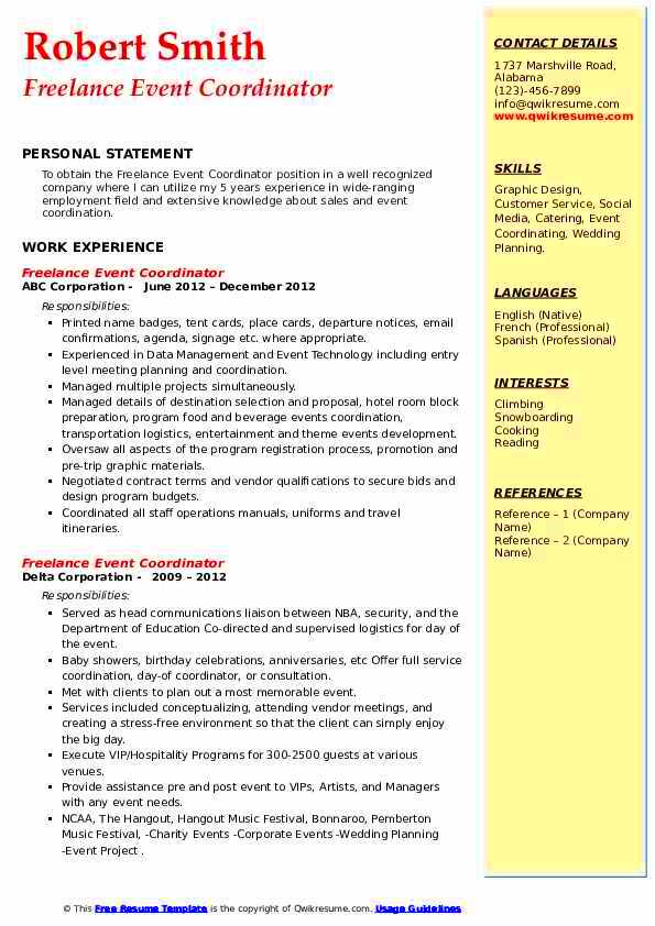 Freelance Event Coordinator Resume Samples QwikResume