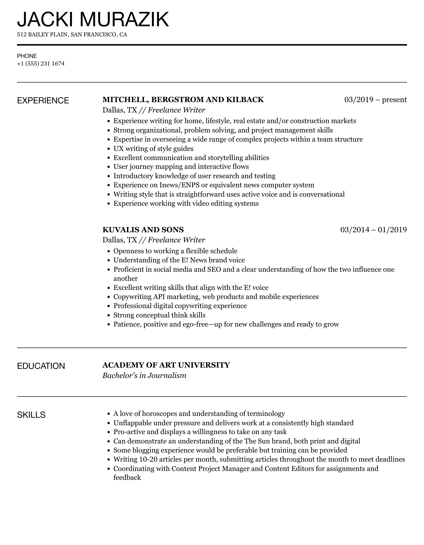 Freelance Writer Resume Samples  Velvet Jobs