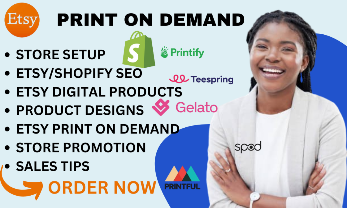 Boost Your Brand with Etsy, Shopify, Print on Demand, Printful, Printify, Gelato, ShineOn, Redbubble, and Ecwid