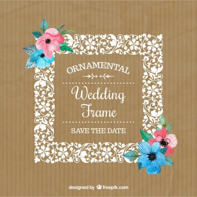 Hand Drawn Floral Wedding Frame with Colored Flowers – Free Download