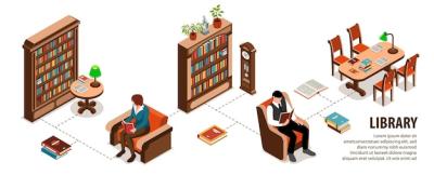 Isometric Library Interior Flowchart Illustration Featuring People Reading Books – Free Download