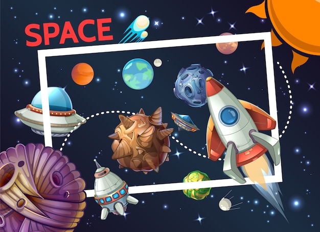 Cartoon Cosmic Template Featuring Rockets, Spaceships, Planets, and Asteroids – Free Download