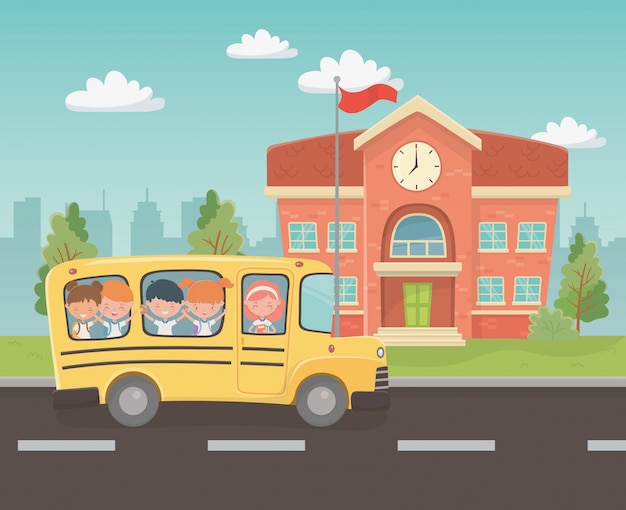 School Building and Bus with Kids – Free Stock Photos for Download