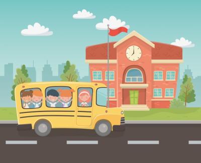 School Building and Bus with Kids – Free Stock Photos for Download