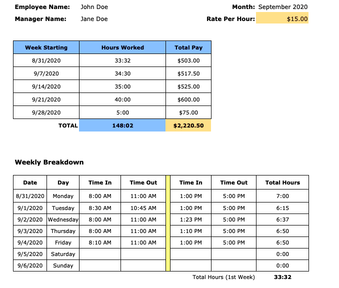 Free freelance timesheet templates  Excel PDF Word