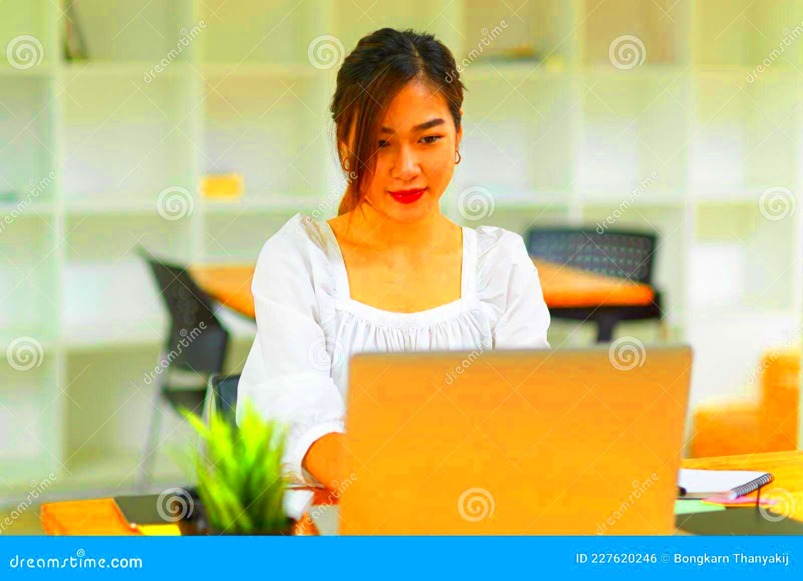 Beautiful Female Freelance Auditor Working with Laptop Stock Photo 