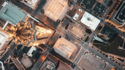 Overhead Aerial Shot of Modern Architecture and Skyscrapers in an Urban City – Free Download