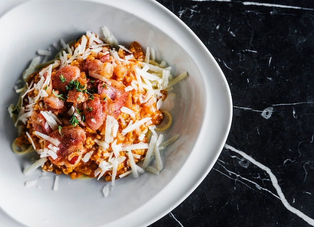 A Plate of Cheesy Bacon Spaghetti – Download Free Stock Photo