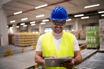 Industry Worker in Reflective Jacket and Hardhat Using Tablet in Modern Factory Interior – Free Download