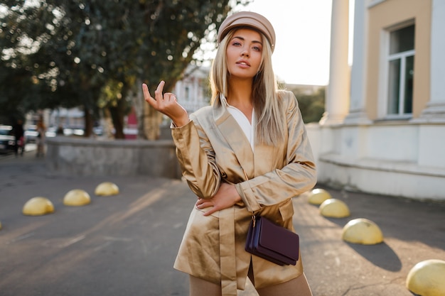 Elegant Autumn Fashion Portrait of a Blond Woman in Leather Hat and Beige Jacket – Free Download