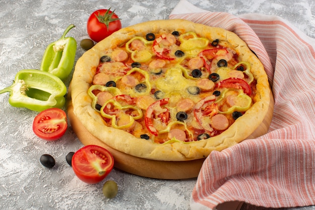 Tasty Cheesy Pizza with Black Olives, Sausages, and Red Tomatoes – Free Download