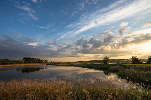 Small Pond in a Meadow at Sunset, Tczew, Poland – Free Stock Photo for Download