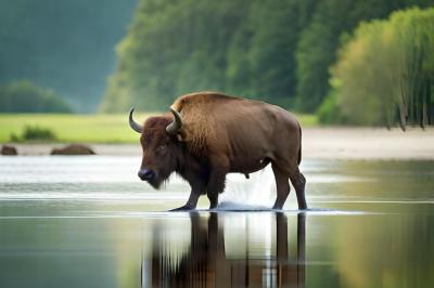 A Bison Walking in a River Surrounded by Forest – Free Download