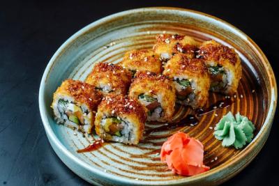 Fried Sushi with Red Fish, Wasabi, and Ginger on a Plate – Free Download