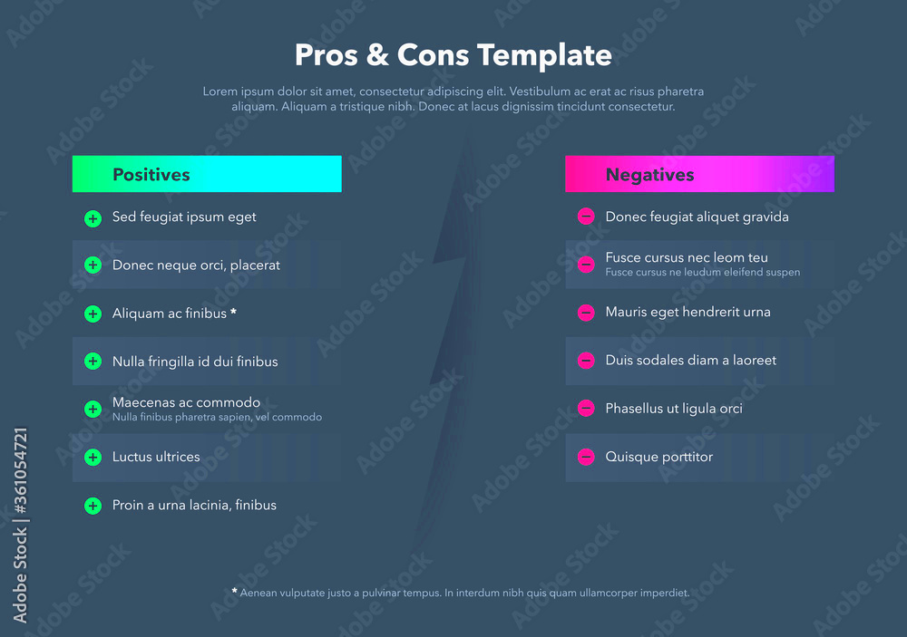 Simple infographic for pros and cons with place for your content  dark 