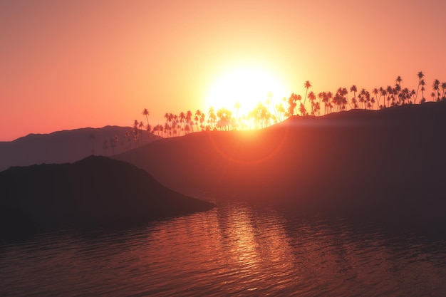 3D Palm Tree Island Against a Sunset Sky – Free Download