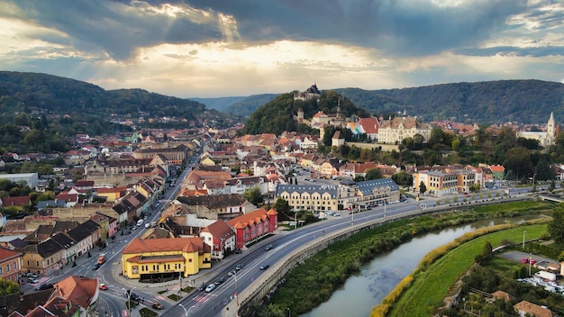 Aerial Drone View of the Historic Centre of Sighisoara, Romania: Old Buildings and Streets – Free Download