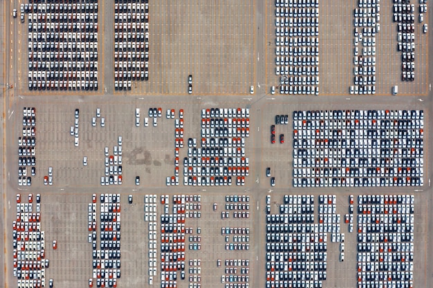 Aerial View of New Cars at Parking Port in Automobile Factory – Free Download