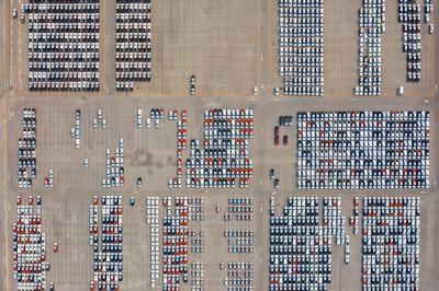 Aerial View of New Cars at Parking Port in Automobile Factory – Free Download