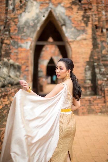 Portrait of a Beautiful Woman in Traditional Thai Costume at Ayutthaya Temple – Free Download