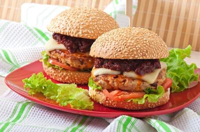 Delicious American Burger with Chicken and Bacon in Homemade Barbecue Sauce – Free Download