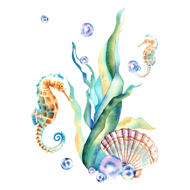 Watercolor Illustration of Marine Composition featuring Seahorse, Algae, Corals, and Bubbles – Free Stock Photo, Download for Free