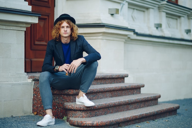 Red Haired Hipster Man Sitting on Stairs – Free Stock Photo Download