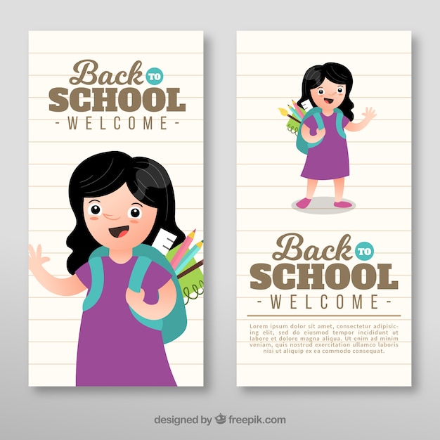 Back to School Banners in Flat Design Featuring a Happy Girl – Free Download