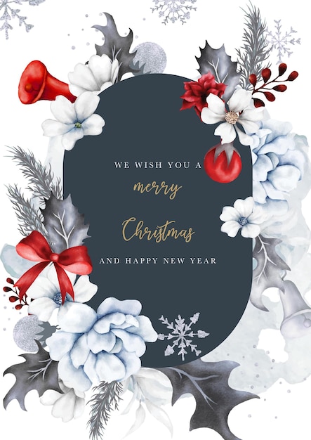 Christmas and New Year Card Featuring Watercolor White Floral and Red Ornament – Free Download